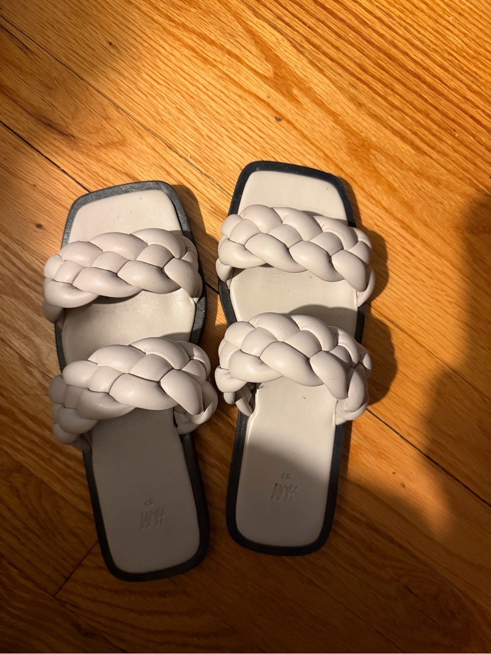 H&M Leather Braided Double-Strap Slide Sandals - Cream Beige 37 7 7.5